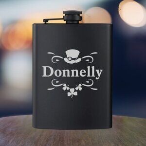 Personalized Engraved Irish Hat Clovers Family Name Clover Black Flask